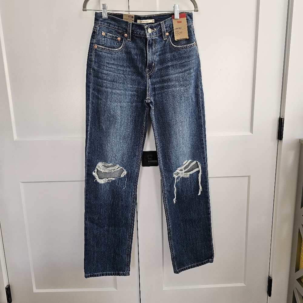 Levi's Blue Straight Leg Jeans with Distressed Fading